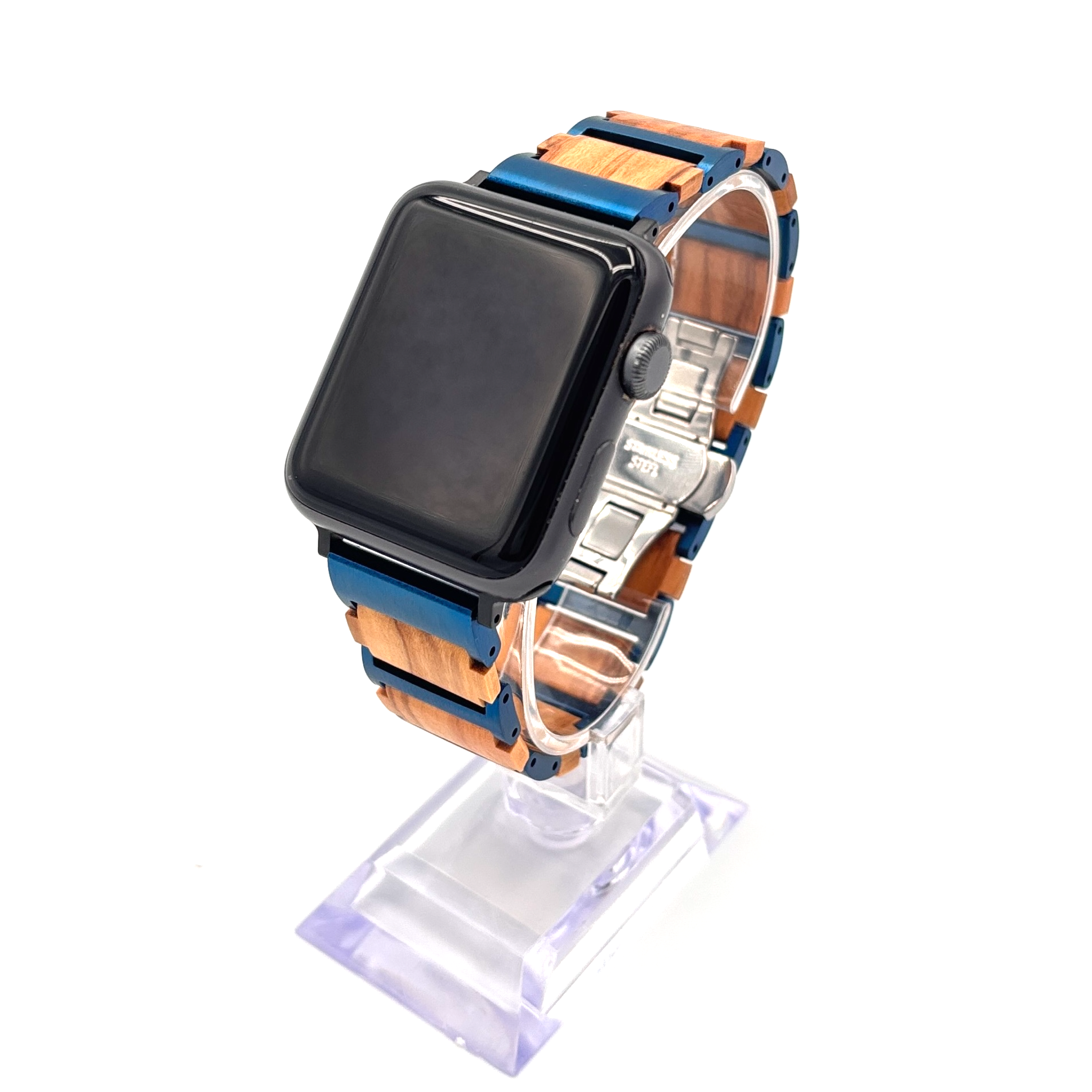 Forester Olive Wood Apple Watch Band – Blue Steel Edition